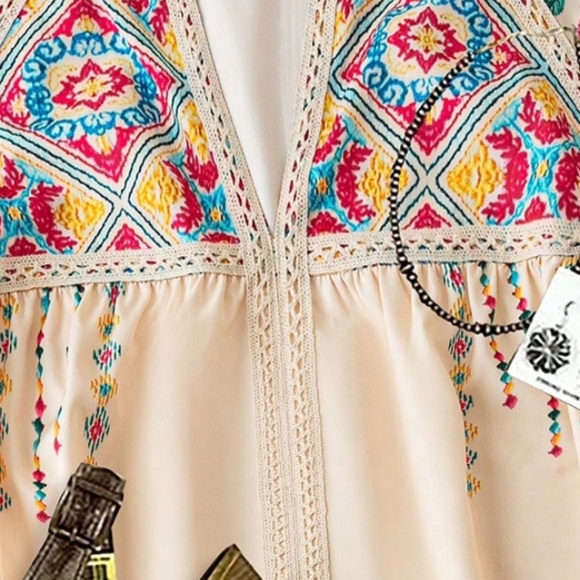 Boho Floral Print Notched Neck lace Short Sleeve Top - Picture 3 of 6